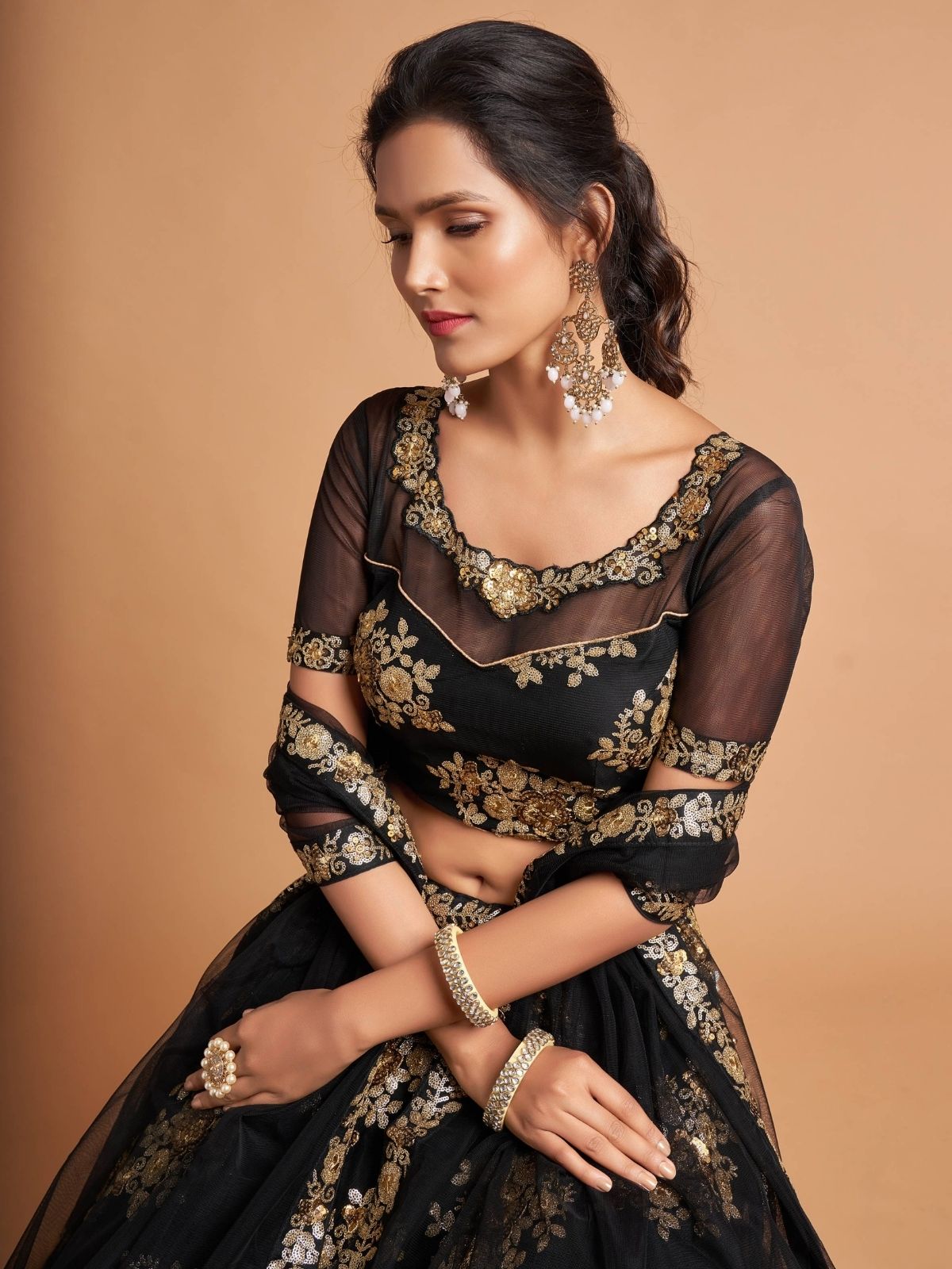 Odette Black And Gold Soft Net Embroidered Semi Stitched Lehenga With Blouse For Women