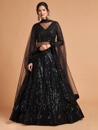 Odette Black Soft Net Seqin Semi Stitched Lehenga With Blouse For Women