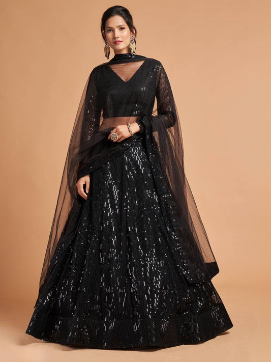 Odette Black Soft Net Seqin Semi Stitched Lehenga With Blouse For Women