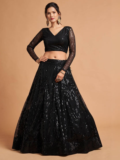 Odette Black Soft Net Seqin Semi Stitched Lehenga With Blouse For Women