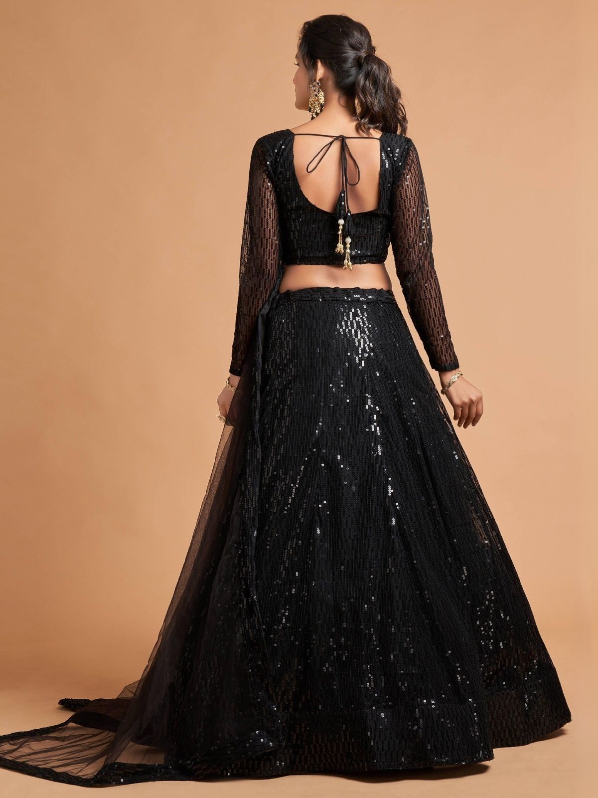 Odette Black Soft Net Seqin Semi Stitched Lehenga With Blouse For Women