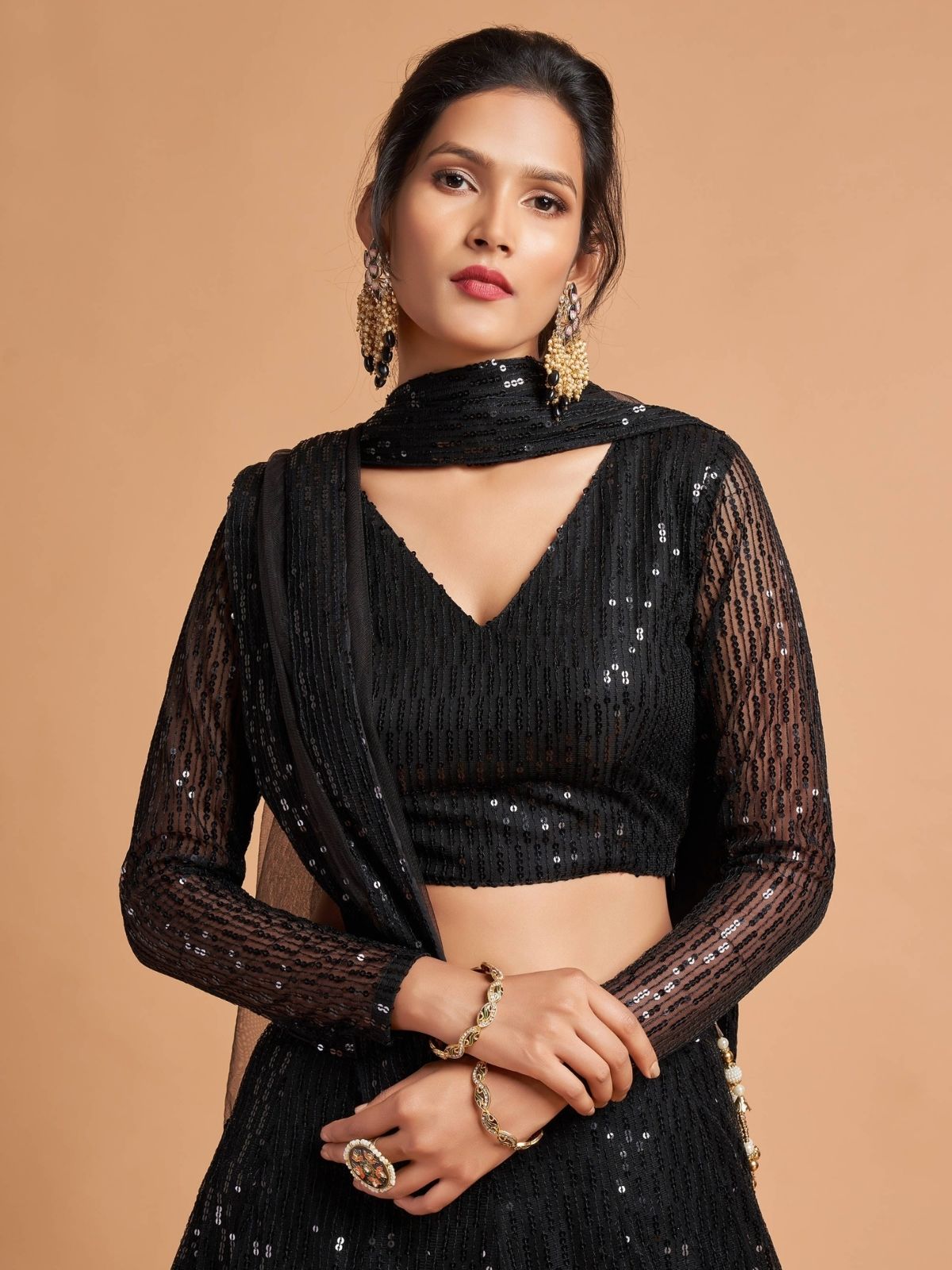 Odette Black Soft Net Seqin Semi Stitched Lehenga With Blouse For Women