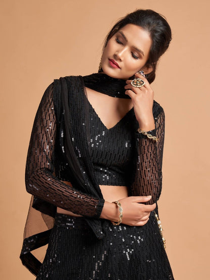 Odette Black Soft Net Seqin Semi Stitched Lehenga With Blouse For Women