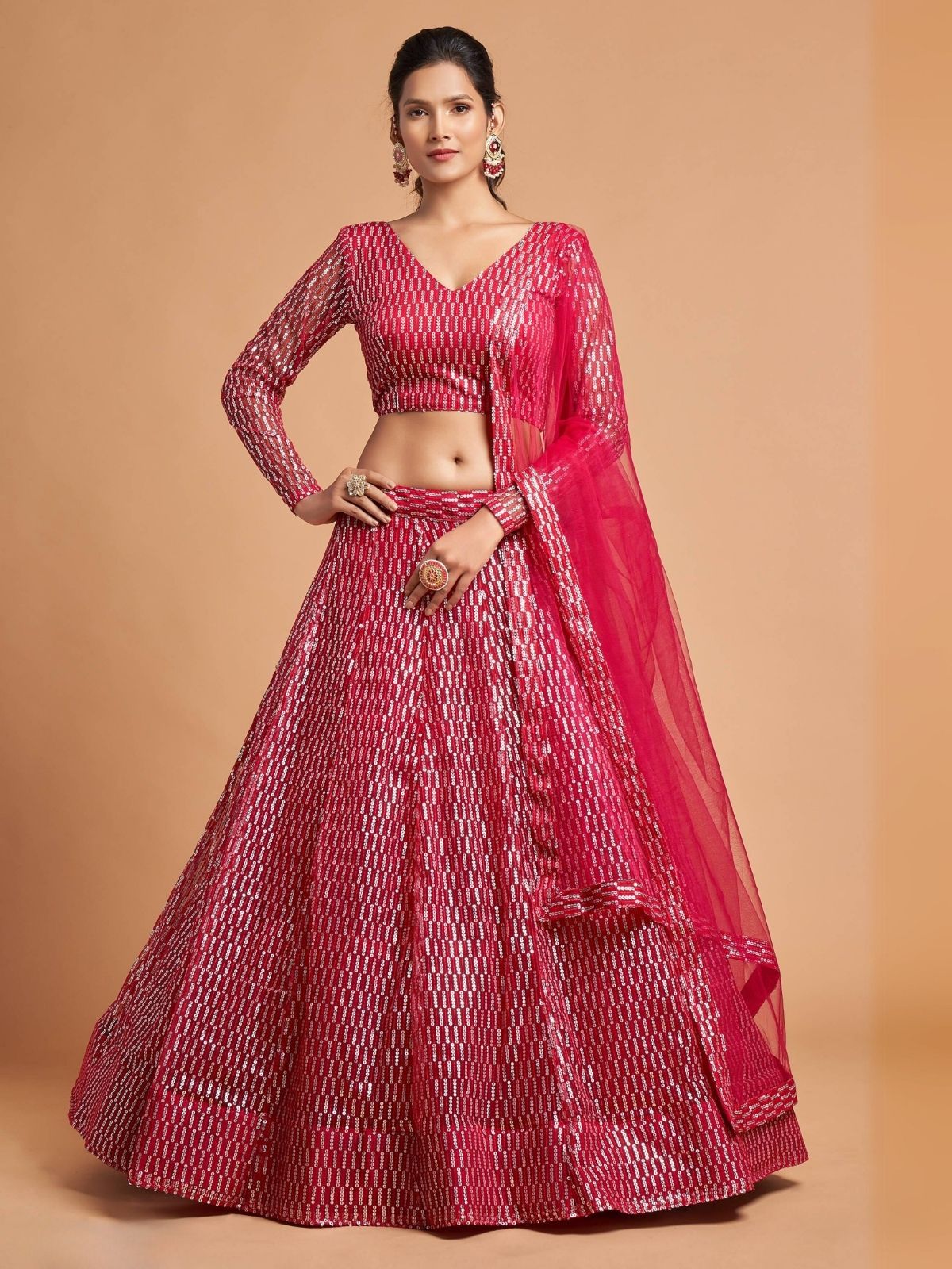 Odette Pink Soft Net Embroidered Semi Stitched Lehenga With Blouse For Women