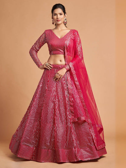 Odette Pink Soft Net Embroidered Semi Stitched Lehenga With Blouse For Women