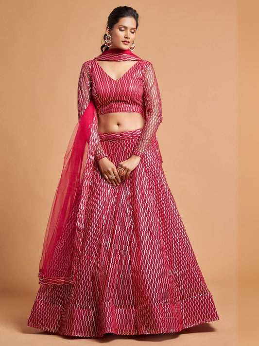 Odette Pink Soft Net Embroidered Semi Stitched Lehenga With Blouse For Women