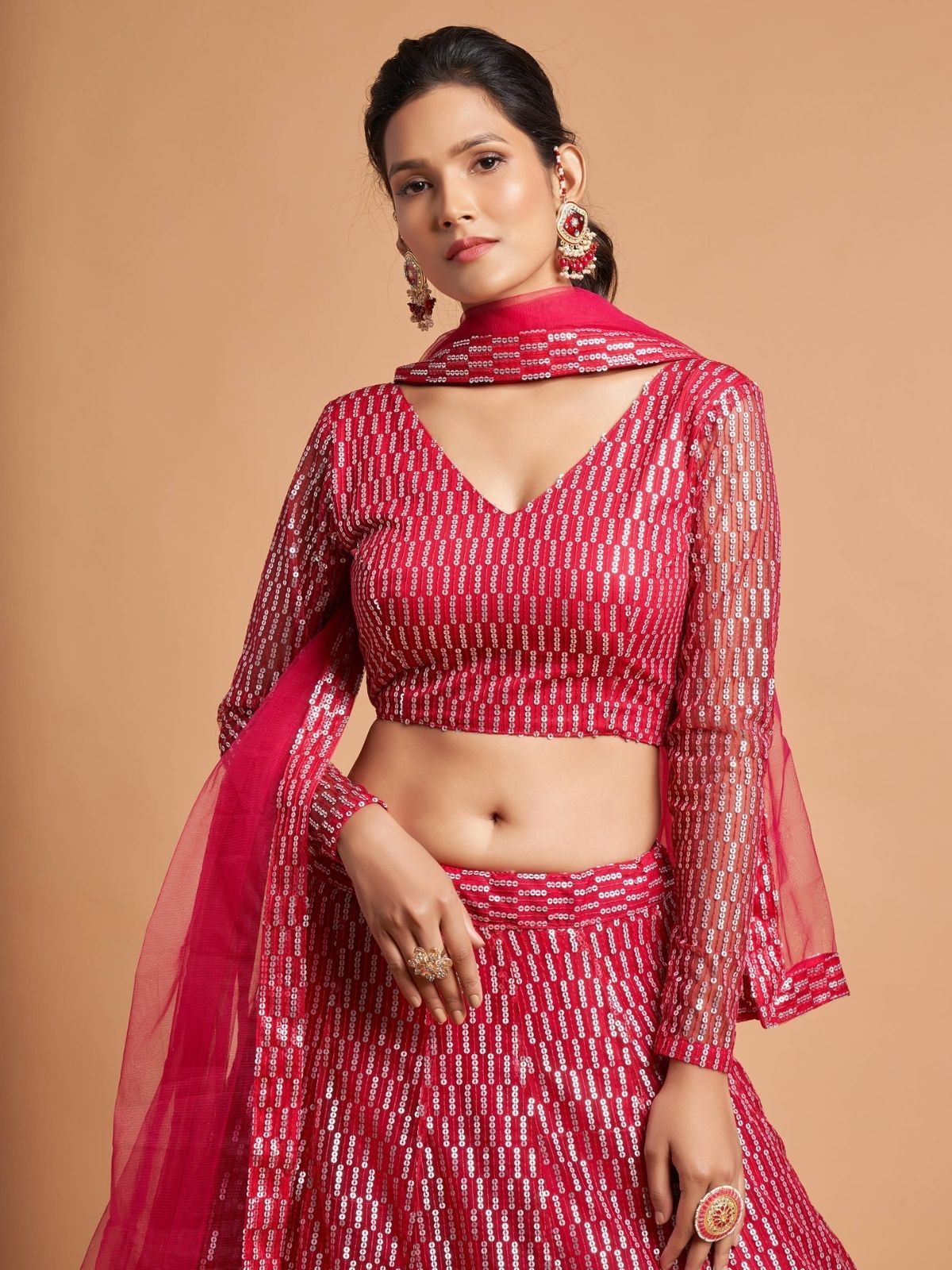 Odette Pink Soft Net Embroidered Semi Stitched Lehenga With Blouse For Women