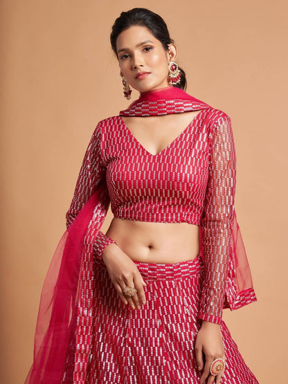 Odette Pink Soft Net Embroidered Semi Stitched Lehenga With Blouse For Women