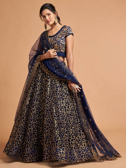 Odette Navy Blue Soft Net Embroidered Semi Stitched Lehenga With Blouse For Women