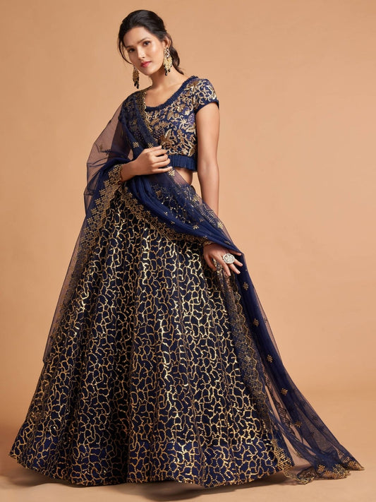 Odette Navy Blue Soft Net Embroidered Semi Stitched Lehenga With Blouse For Women