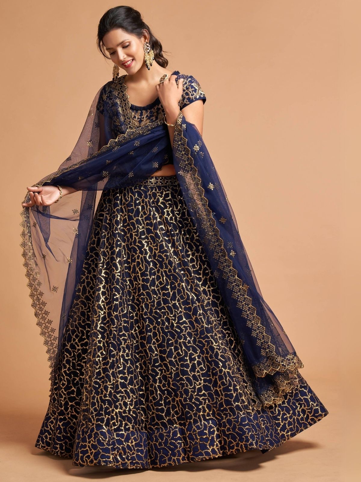 Odette Navy Blue Soft Net Embroidered Semi Stitched Lehenga With Blouse For Women