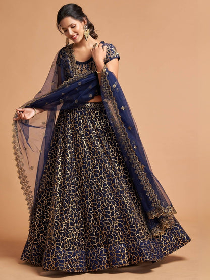 Odette Navy Blue Soft Net Embroidered Semi Stitched Lehenga With Blouse For Women