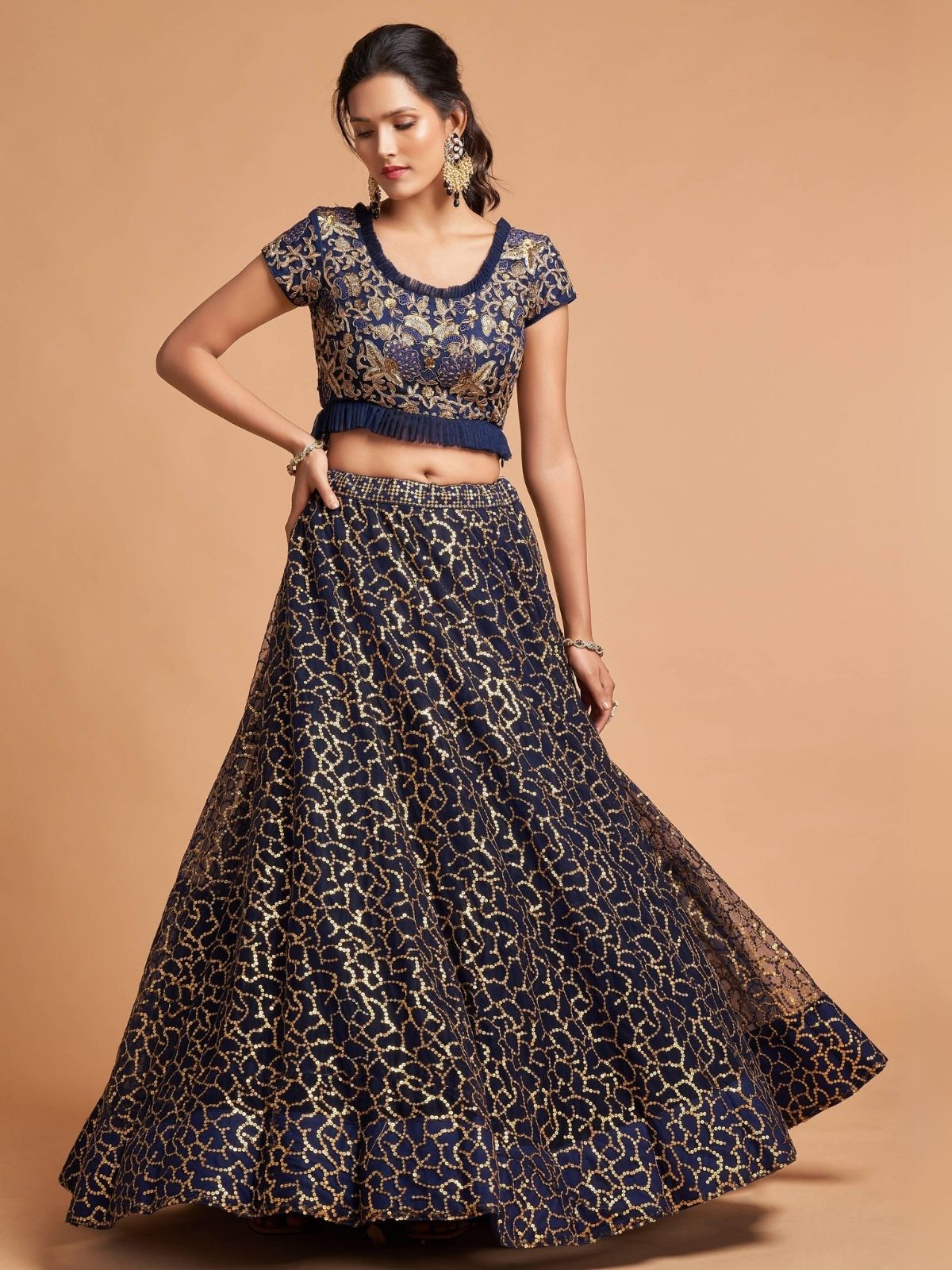 Odette Navy Blue Soft Net Embroidered Semi Stitched Lehenga With Blouse For Women