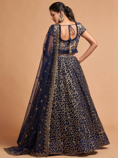 Odette Navy Blue Soft Net Embroidered Semi Stitched Lehenga With Blouse For Women