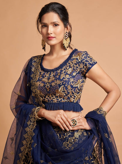 Odette Navy Blue Soft Net Embroidered Semi Stitched Lehenga With Blouse For Women