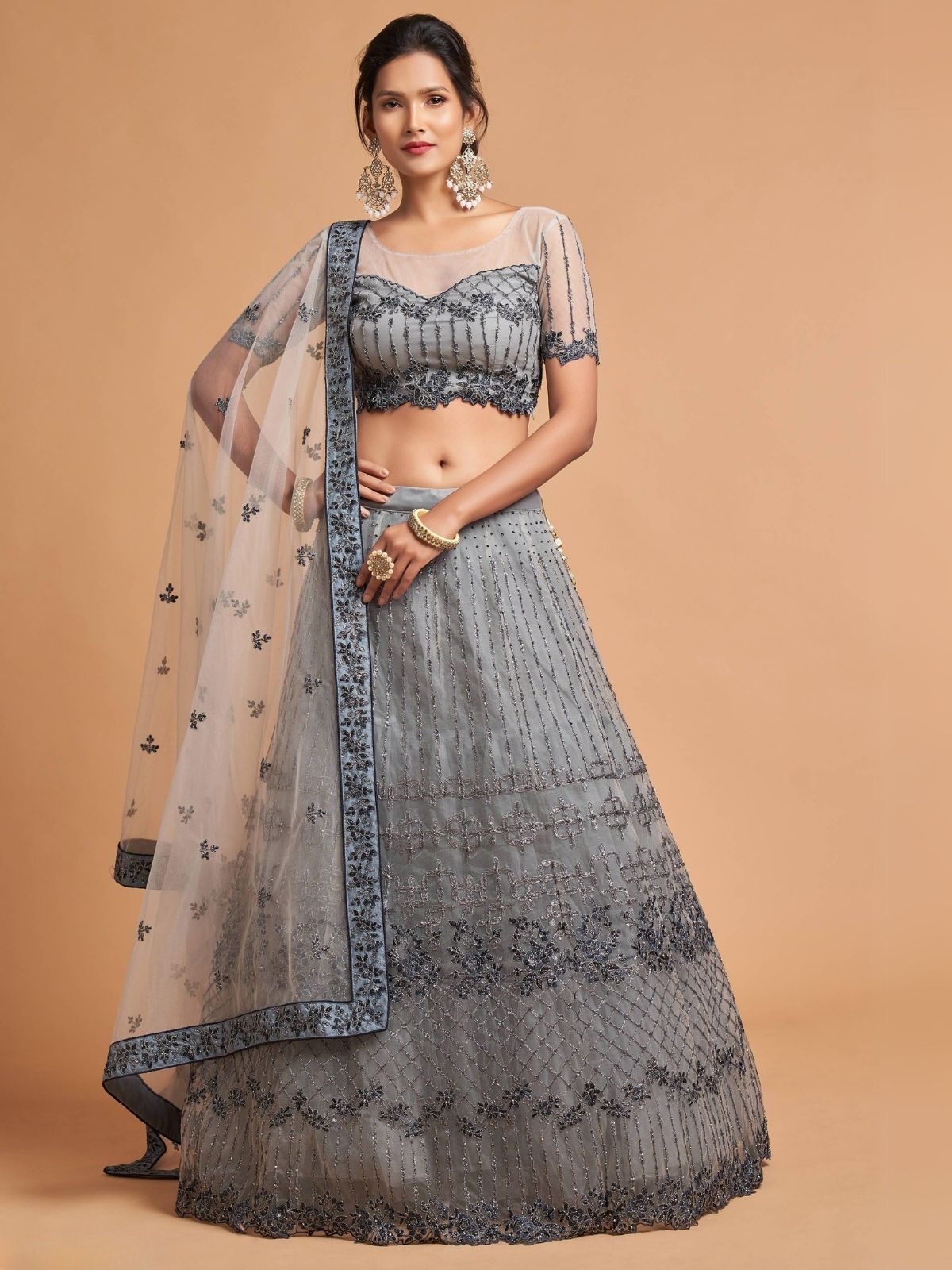 Odette Grey Soft Net Embroidered Semi Stitched Lehenga With Blouse For Women