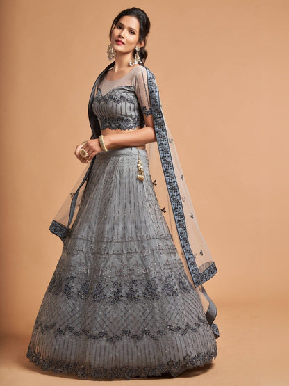 Odette Grey Soft Net Embroidered Semi Stitched Lehenga With Blouse For Women