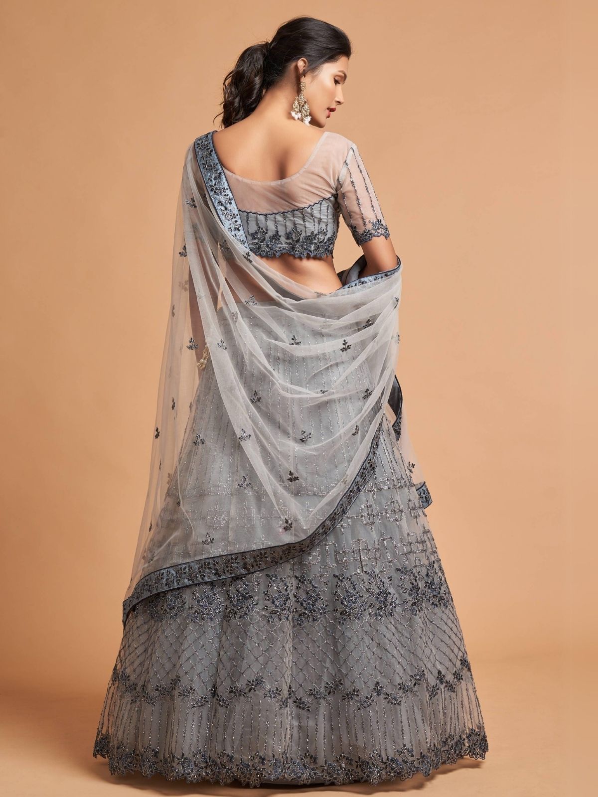 Odette Grey Soft Net Embroidered Semi Stitched Lehenga With Blouse For Women