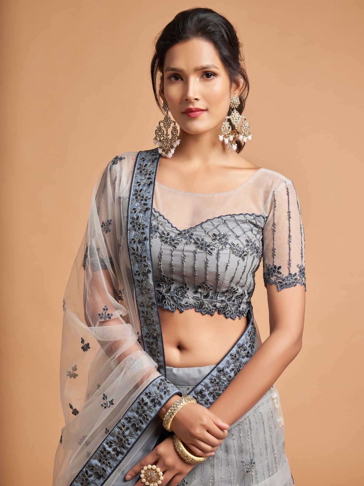 Odette Grey Soft Net Embroidered Semi Stitched Lehenga With Blouse For Women