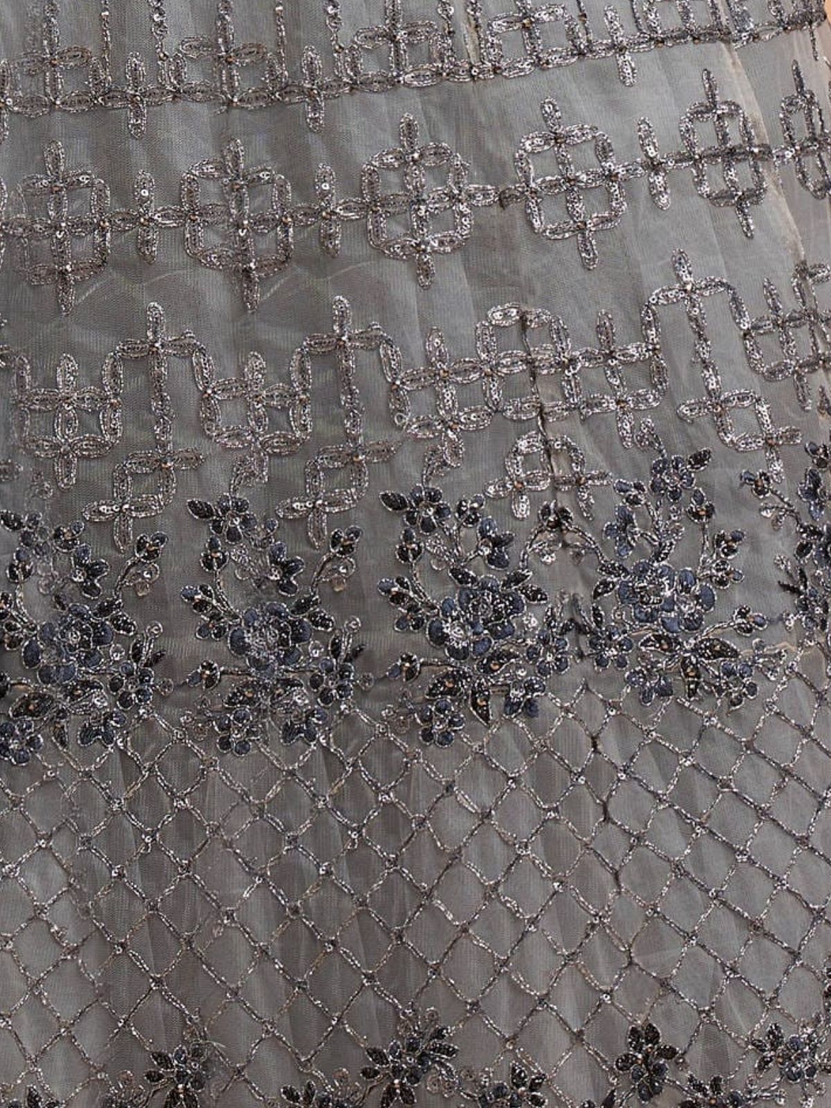 Odette Grey Soft Net Embroidered Semi Stitched Lehenga With Blouse For Women