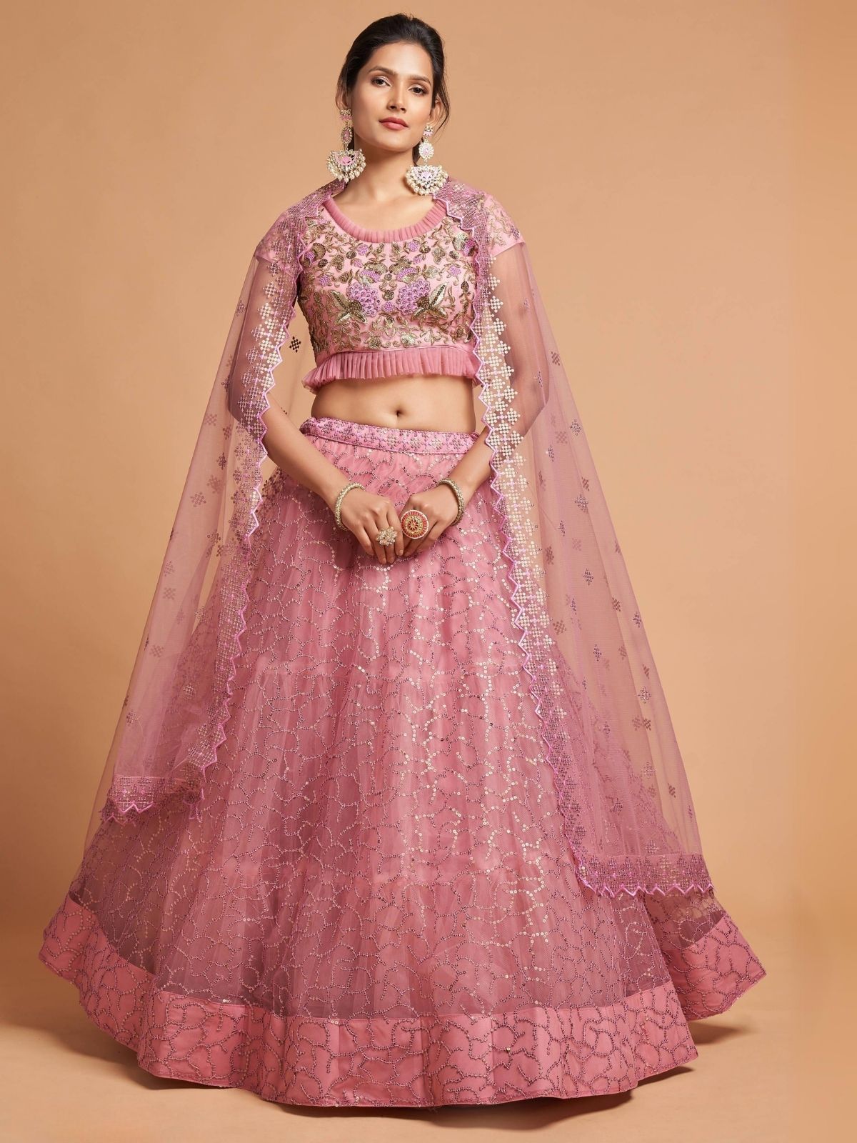 Odette Pink Soft Net Embroidered Semi Stitched Lehenga With Blouse For Women