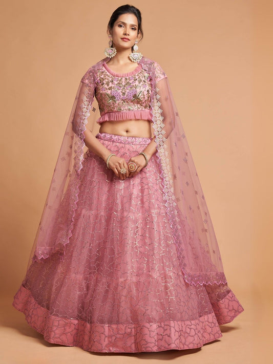 Odette Pink Soft Net Embroidered Semi Stitched Lehenga With Blouse For Women