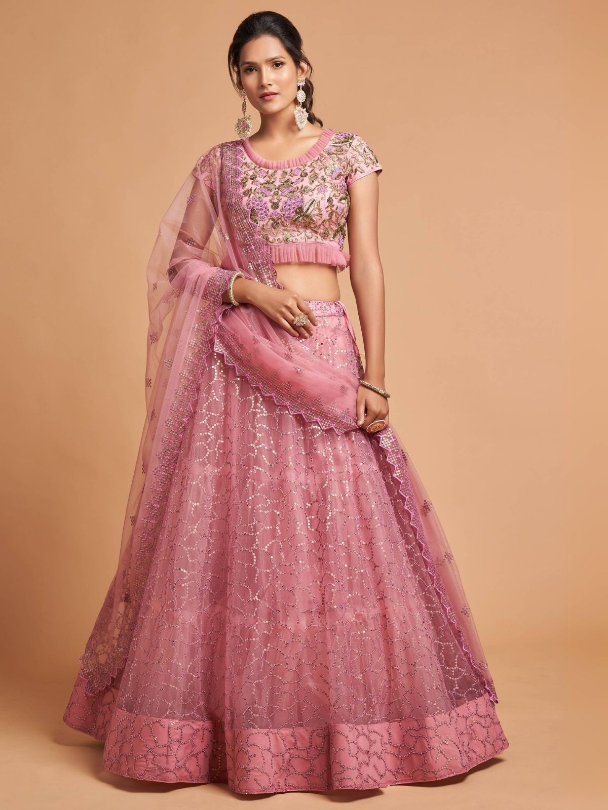 Odette Pink Soft Net Embroidered Semi Stitched Lehenga With Blouse For Women