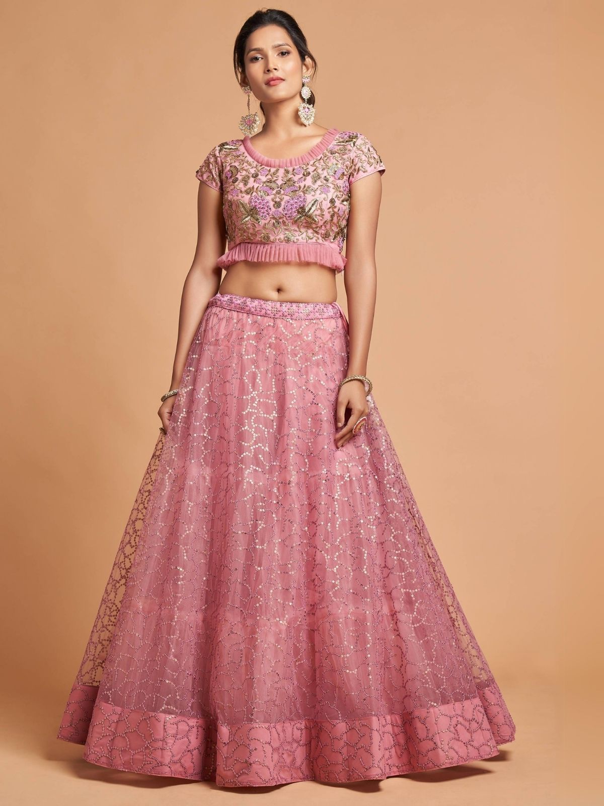 Odette Pink Soft Net Embroidered Semi Stitched Lehenga With Blouse For Women