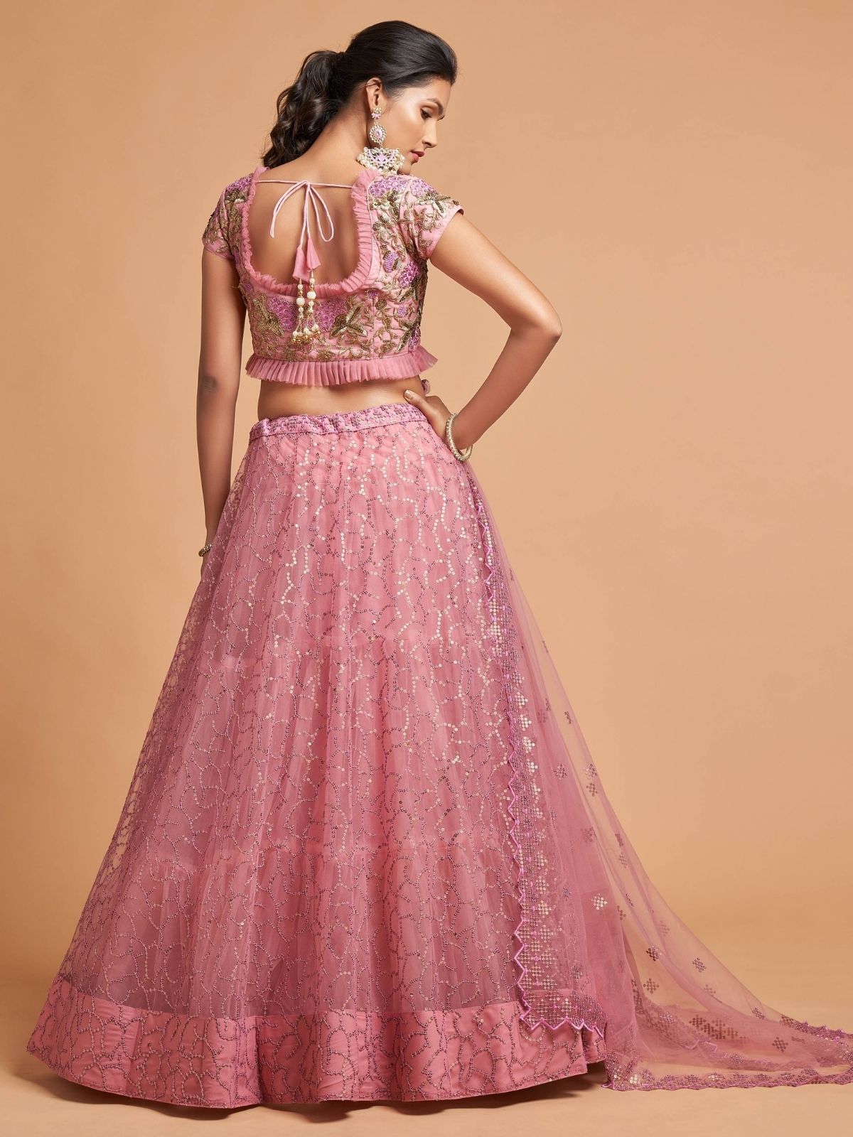 Odette Pink Soft Net Embroidered Semi Stitched Lehenga With Blouse For Women