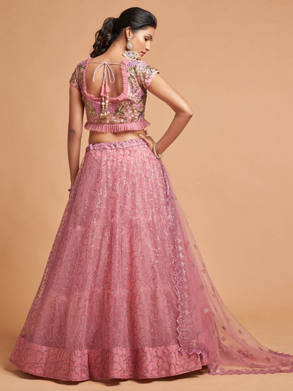 Odette Pink Soft Net Embroidered Semi Stitched Lehenga With Blouse For Women