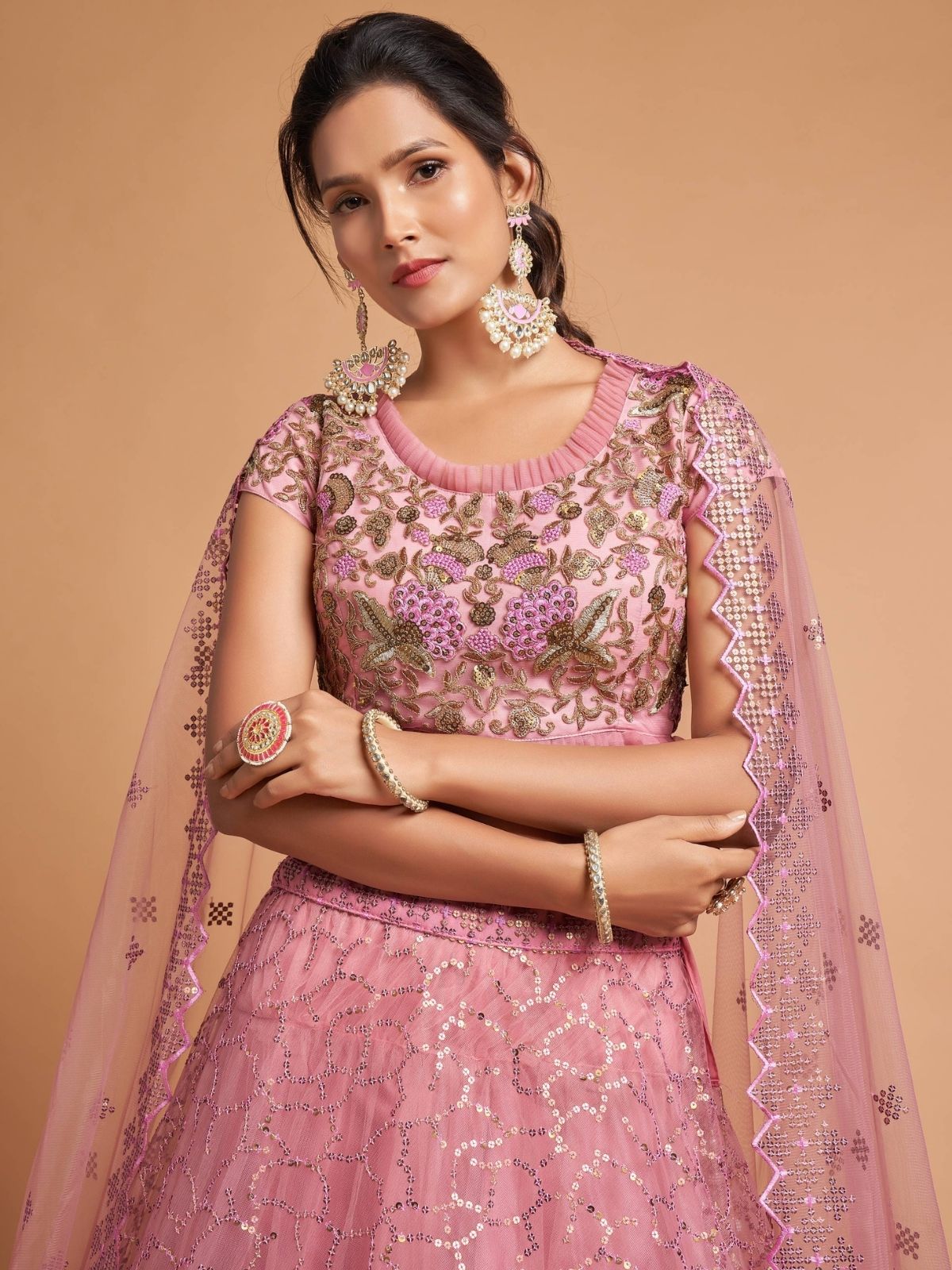 Odette Pink Soft Net Embroidered Semi Stitched Lehenga With Blouse For Women