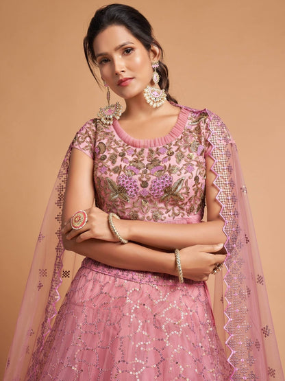 Odette Pink Soft Net Embroidered Semi Stitched Lehenga With Blouse For Women