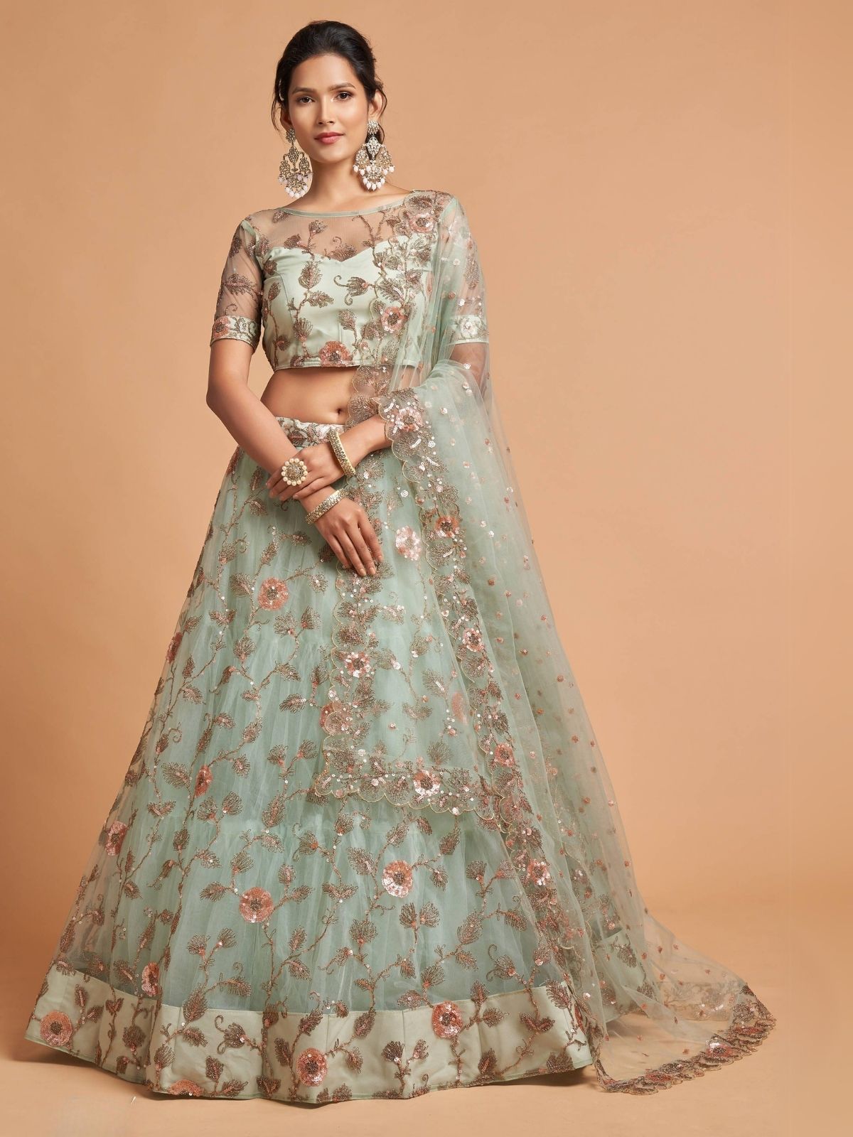 Odette Sea Green Soft Net Embroidered Semi Stitched Lehenga With Blouse For Women