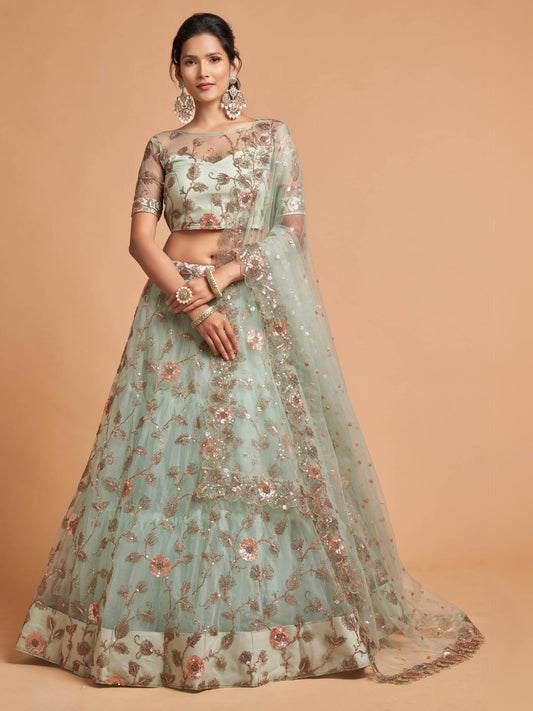 Odette Sea Green Soft Net Embroidered Semi Stitched Lehenga With Blouse For Women