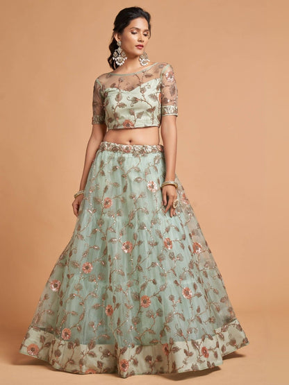 Odette Sea Green Soft Net Embroidered Semi Stitched Lehenga With Blouse For Women