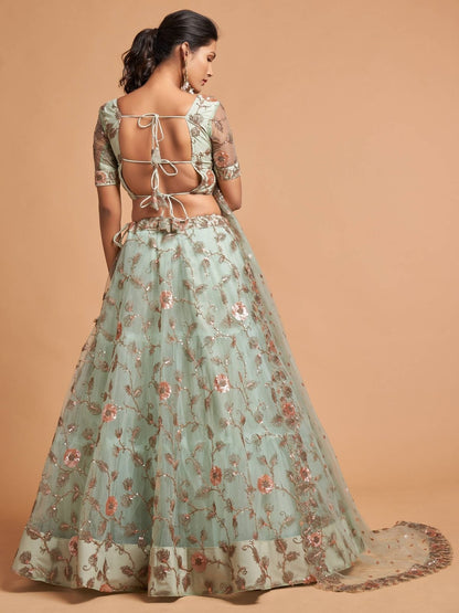 Odette Sea Green Soft Net Embroidered Semi Stitched Lehenga With Blouse For Women