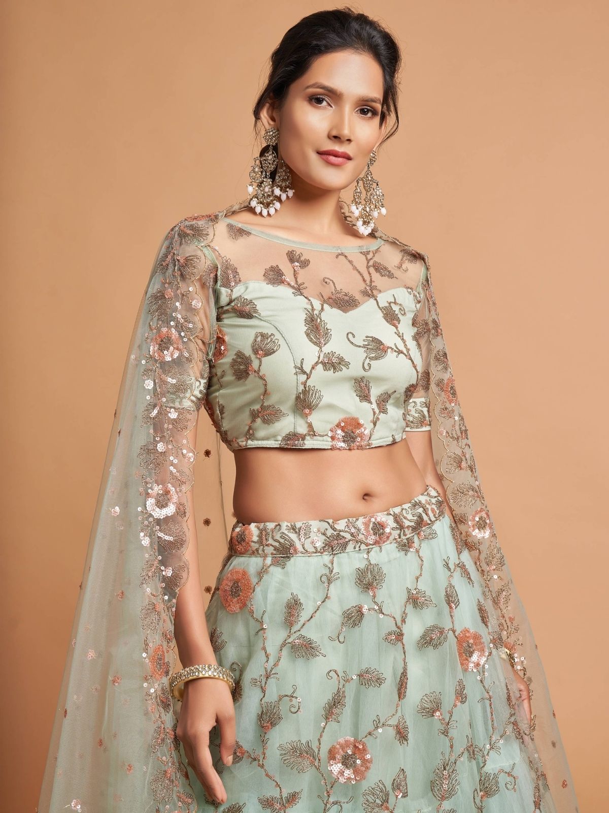Odette Sea Green Soft Net Embroidered Semi Stitched Lehenga With Blouse For Women