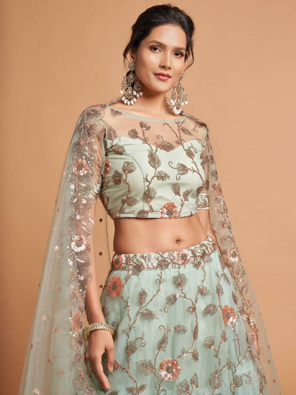Odette Sea Green Soft Net Embroidered Semi Stitched Lehenga With Blouse For Women
