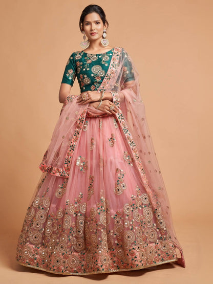 Odette Peach Soft Net Embroidered Semi Stitched Lehenga With Blouse For Women