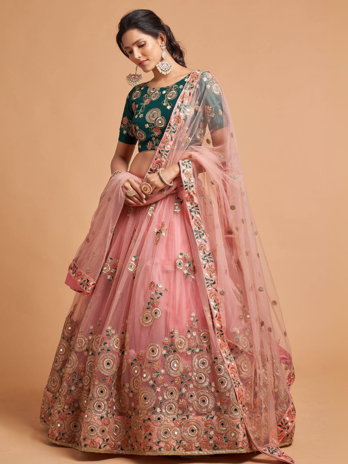 Odette Peach Soft Net Embroidered Semi Stitched Lehenga With Blouse For Women