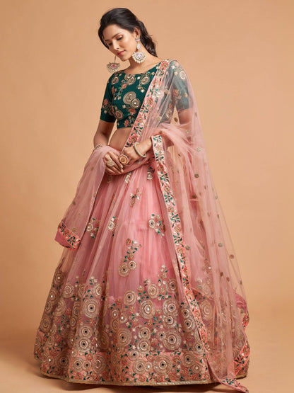 Odette Peach Soft Net Embroidered Semi Stitched Lehenga With Blouse For Women