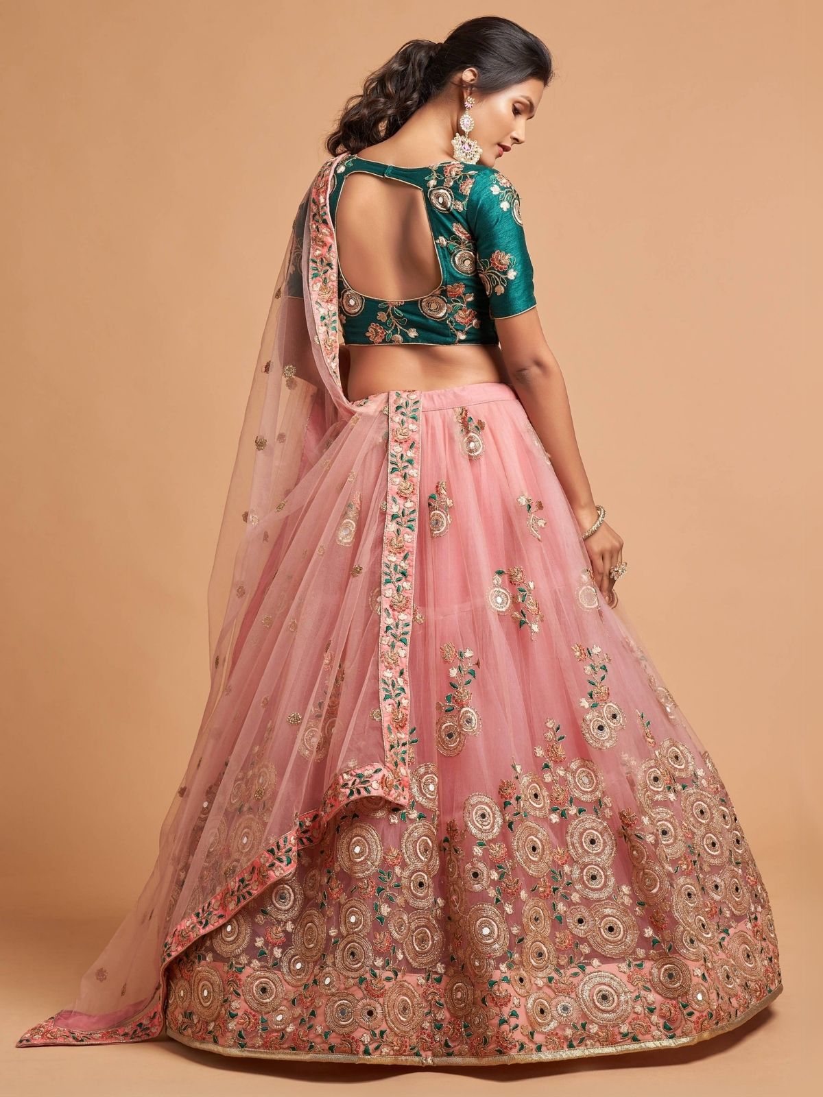 Odette Peach Soft Net Embroidered Semi Stitched Lehenga With Blouse For Women