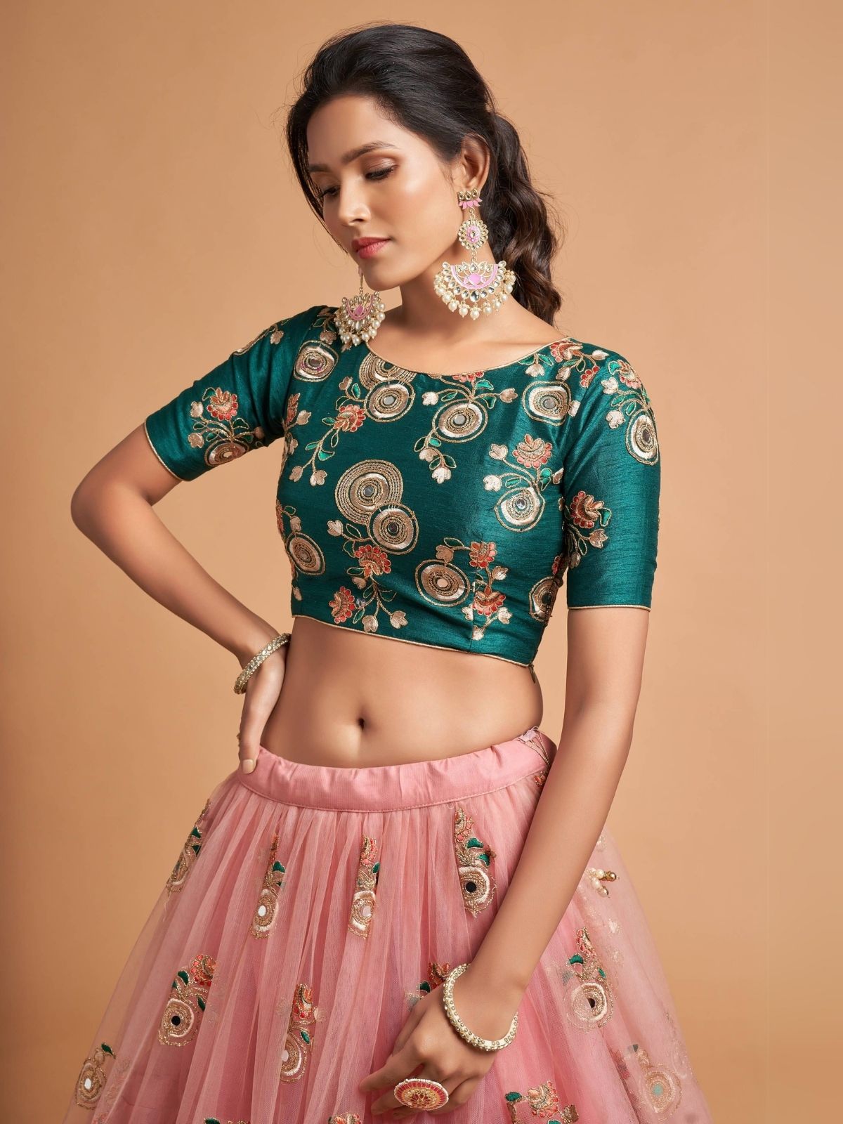 Odette Peach Soft Net Embroidered Semi Stitched Lehenga With Blouse For Women