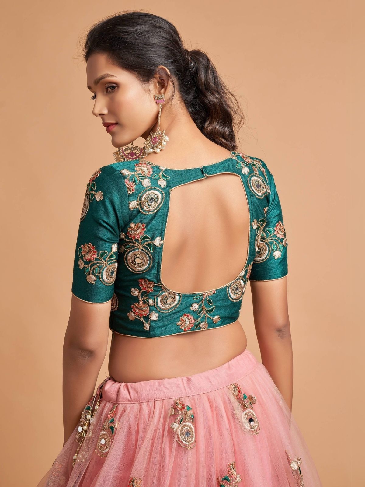Odette Peach Soft Net Embroidered Semi Stitched Lehenga With Blouse For Women
