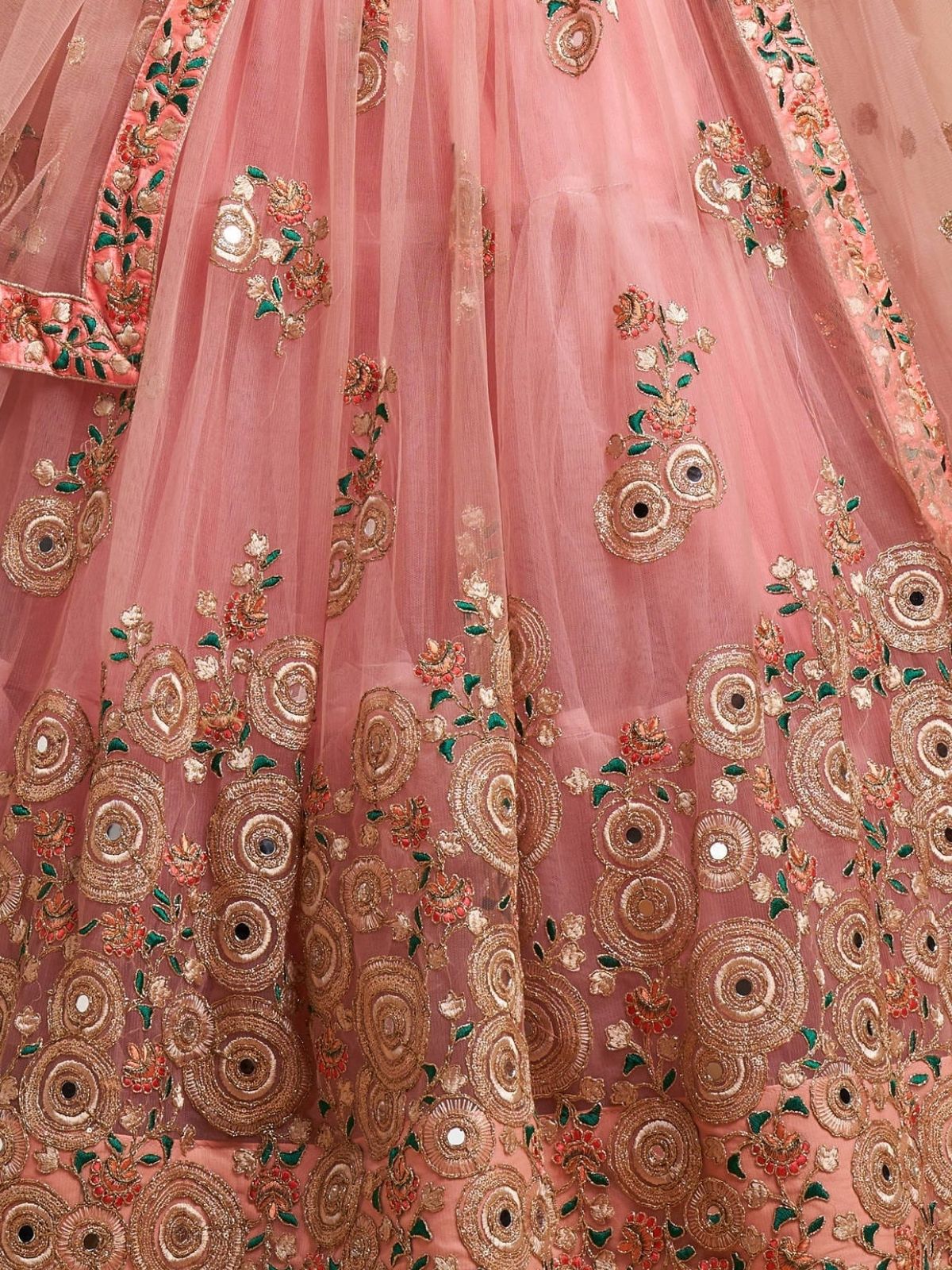 Odette Peach Soft Net Embroidered Semi Stitched Lehenga With Blouse For Women