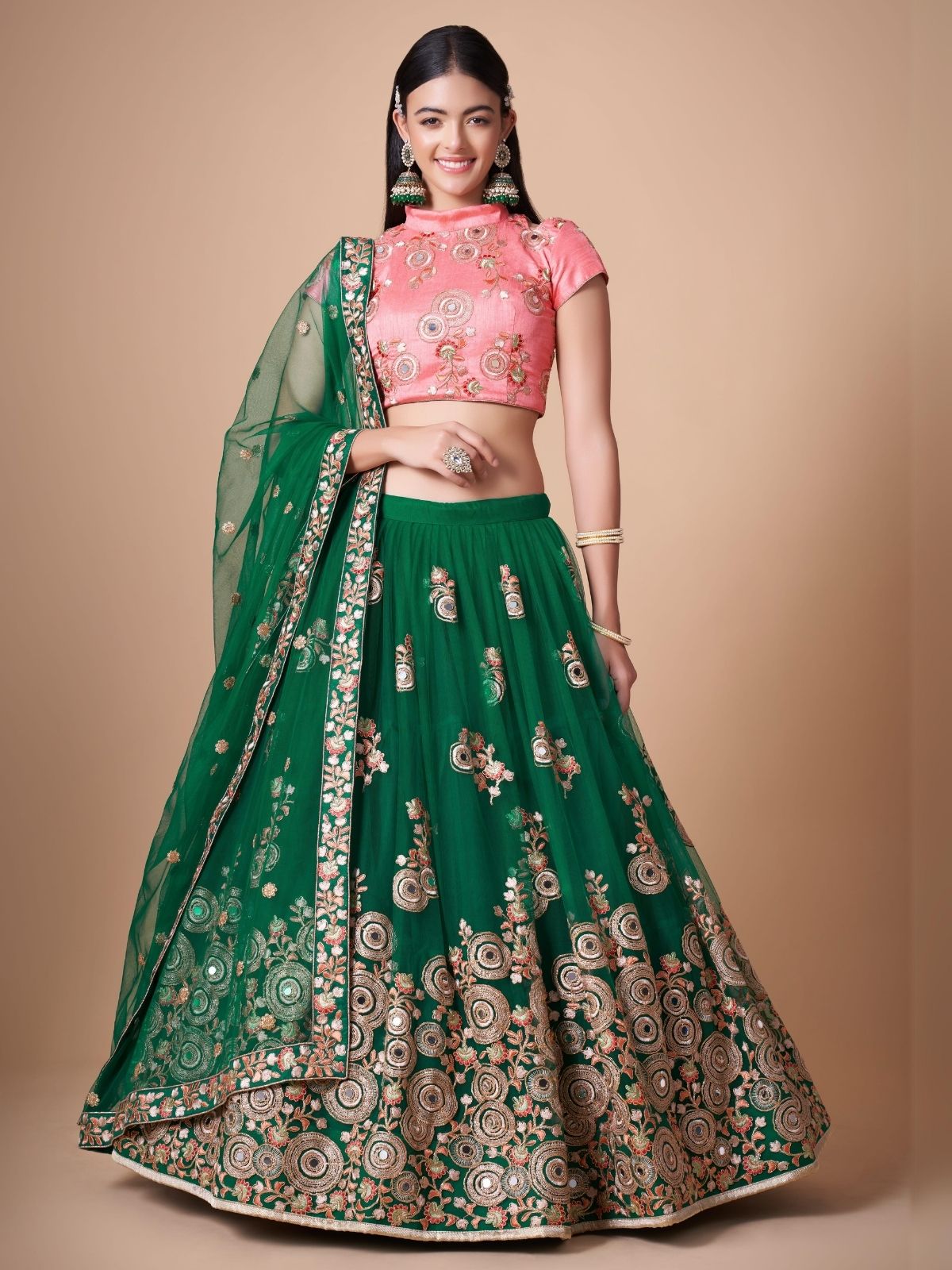 Odette Green Soft Net Embroidered Semi Stitched Lehenga With Blouse For Women
