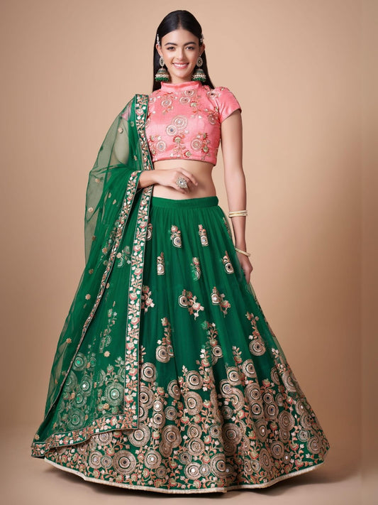Odette Green Soft Net Embroidered Semi Stitched Lehenga With Blouse For Women