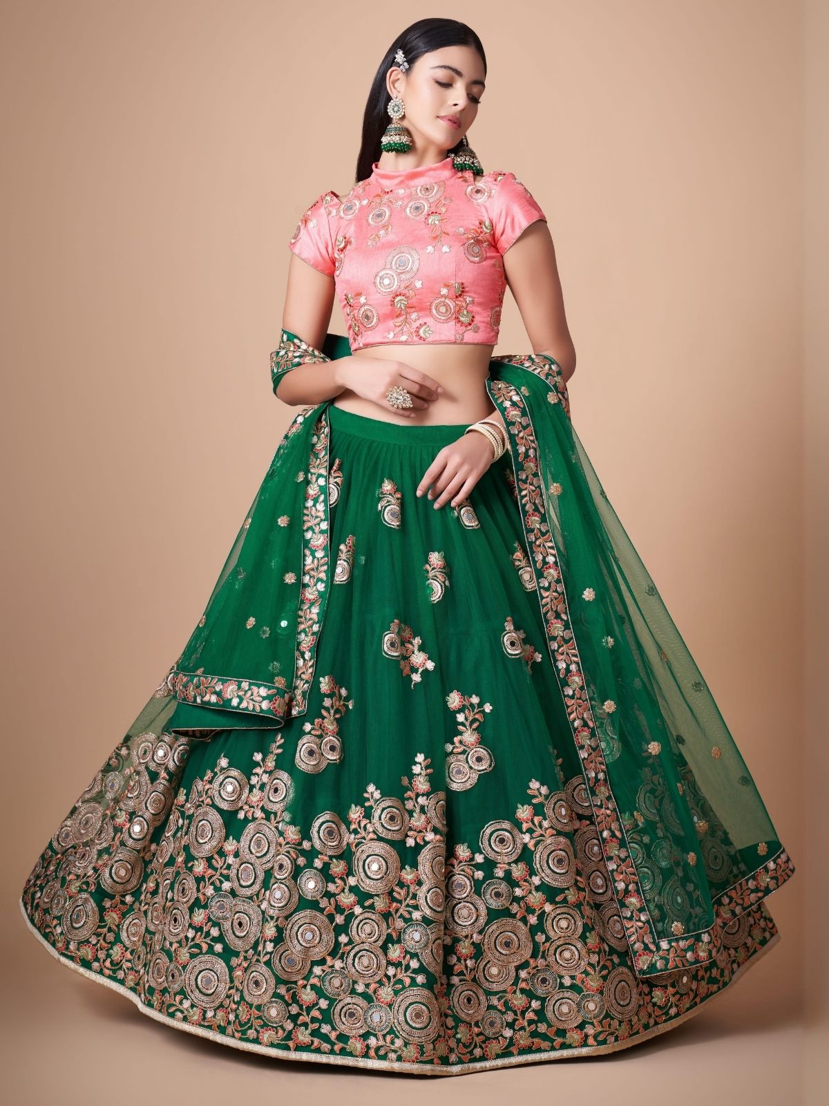 Odette Green Soft Net Embroidered Semi Stitched Lehenga With Blouse For Women