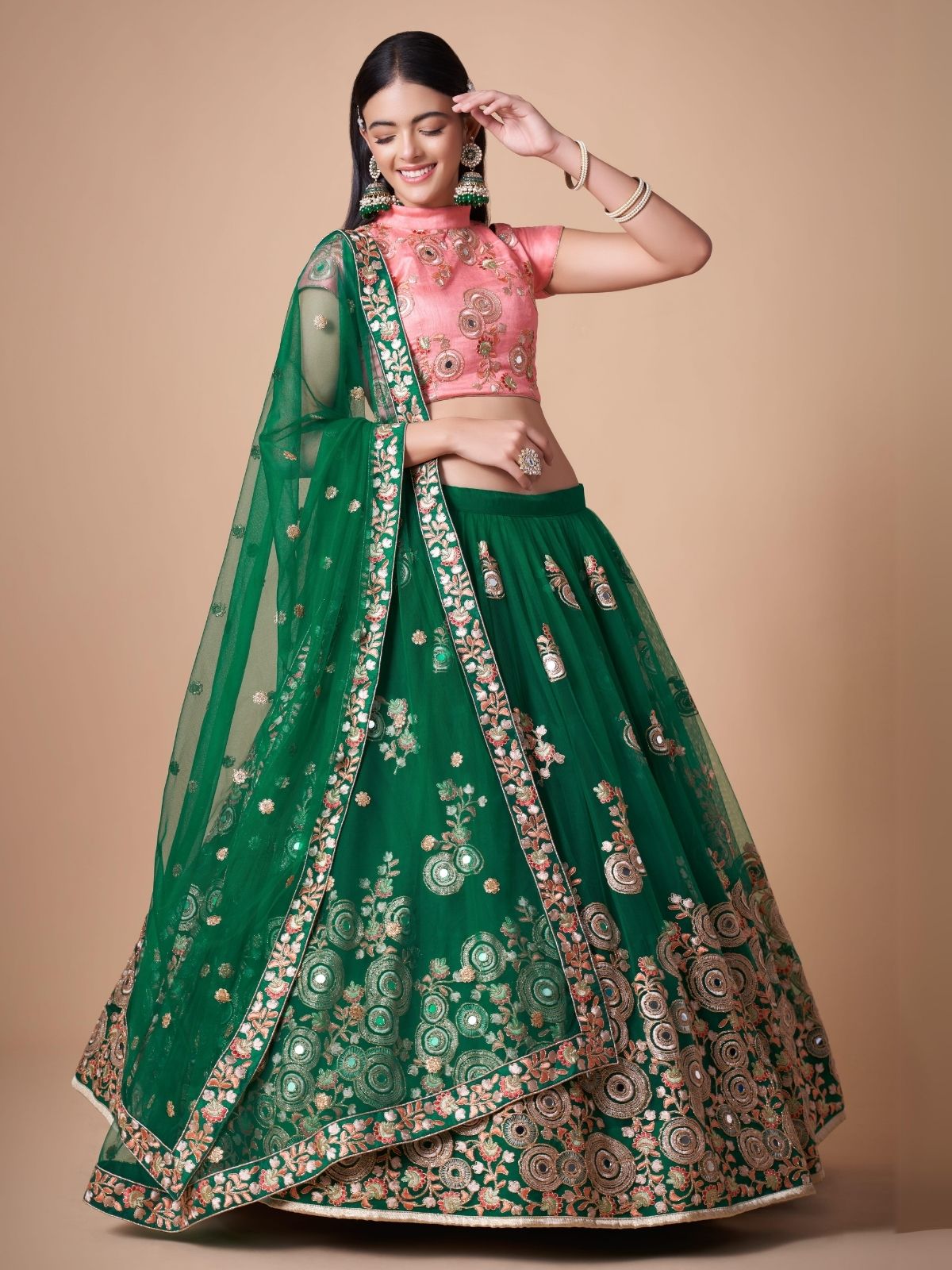 Odette Green Soft Net Embroidered Semi Stitched Lehenga With Blouse For Women