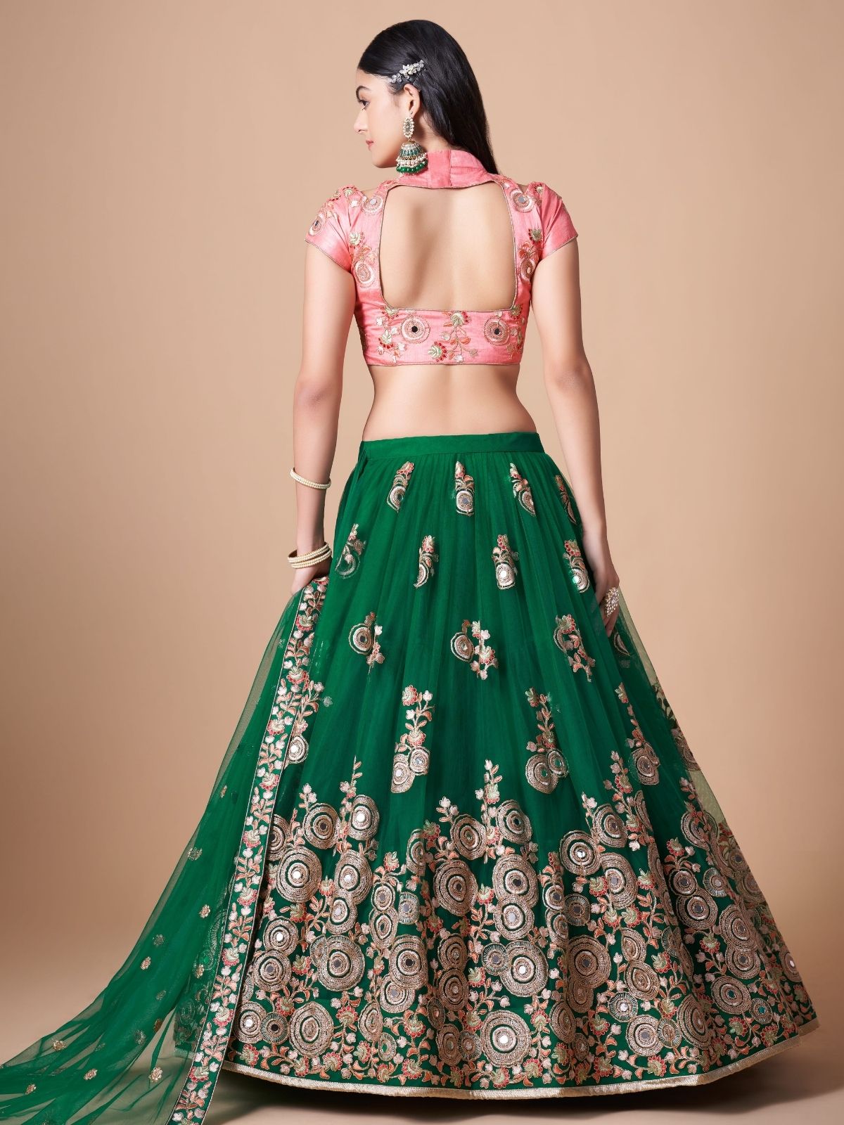 Odette Green Soft Net Embroidered Semi Stitched Lehenga With Blouse For Women